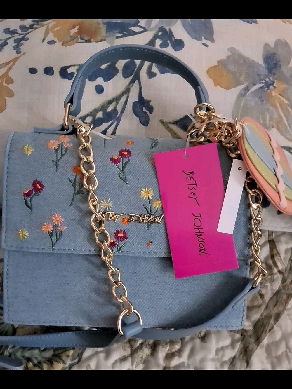 Betsey Johnson Light Blue Embroidered Floral Satchel with Gold Chain